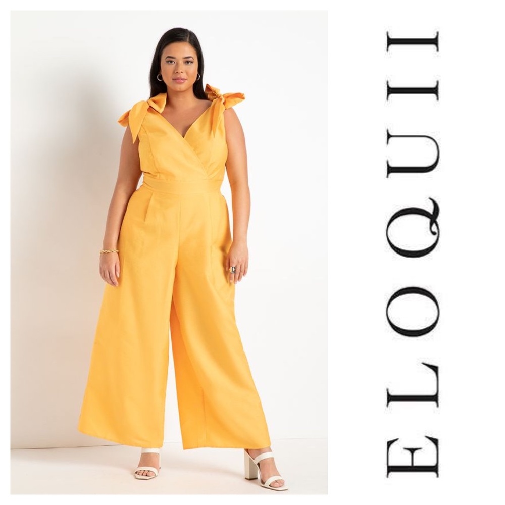 Eloquii Yellow Tie-Shoulder Wide-Leg Jumpsuit